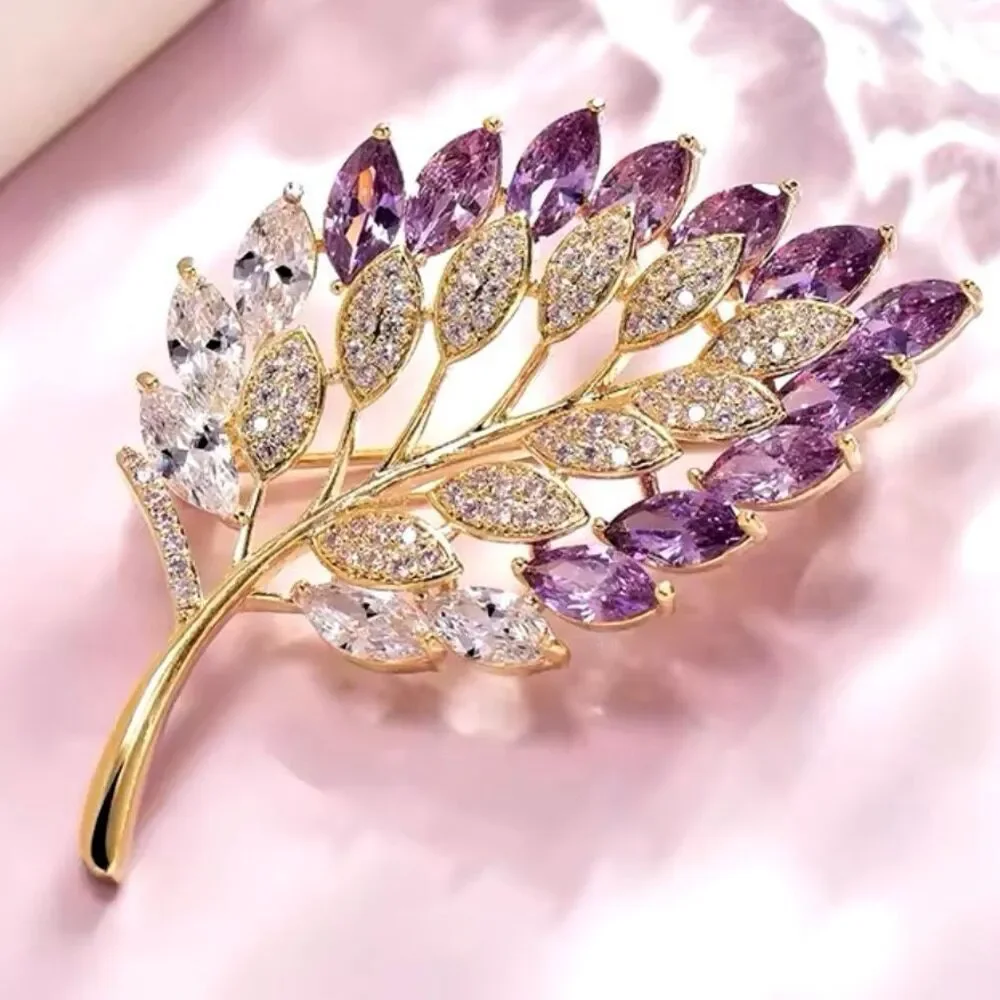 Elegant Amethyst CZ Crystal Leaf Brooch Womens Rhinestone Fashion Pin New